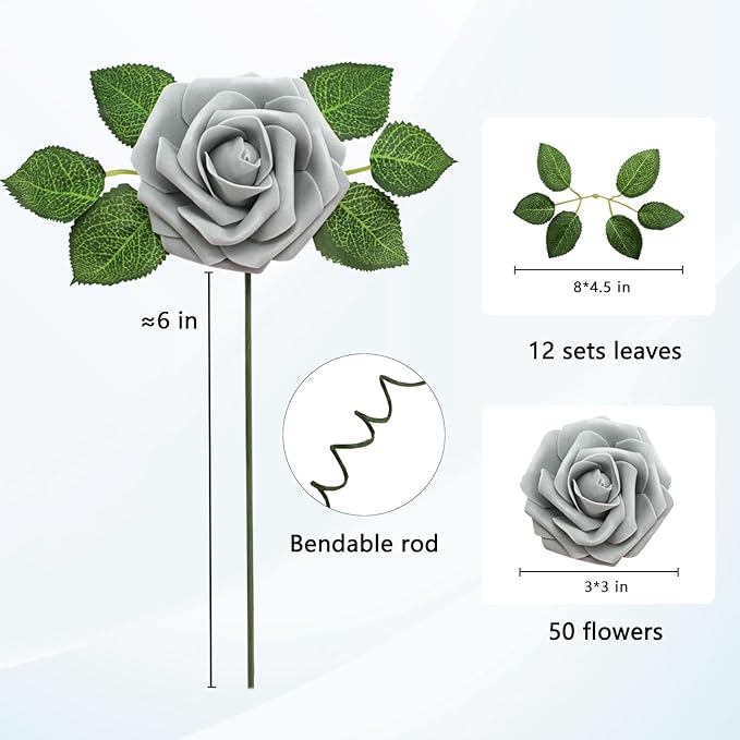 JOYLEX Artificial Flowers Realistic Roses, 50pcs Real Looking Fake Roses with Stem for DIY Wedding Bouquets Centerpieces Bridal Shower Party Home Romantic Decorations (Regular 3" - 50pcs, Grey)