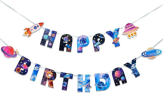 SUNBEAUTY Universe Outer Space Theme Birthday Banner Galaxy Happy Birthday Party Decoration Space Birthday Decorations Solar System Decoration | Pre-Strung
