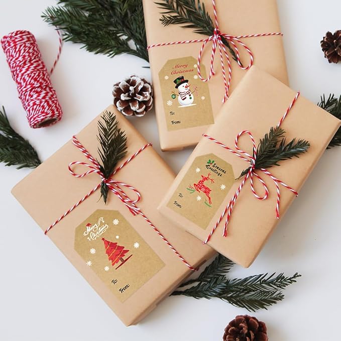 Christmas Gift Tags Stickers by Taeekiy,300 P& 2 x 3 in Self Adhesive Kraft Gift Label.Decorative Holiday Gift Tag for Presents,Suitable for Holidays, Birthdays, Weddings, Party((Gift Tags 300)