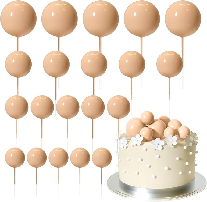 ASTARON 20 Pcs Ball Cake Topper Decorations Mini Balloons Cake Topper Sticks Light Brown Balls Cake Picks Cake Topper Balls Cake Decorations for Wedding Birthday Cake Decorations