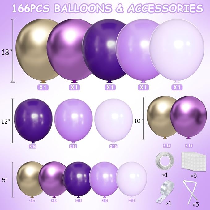 Purple and Gold Balloons Arch Kit, 166Pcs Dark Purple Metallic Lavender Lilac Violet Gold Chrome Balloons for Baby Shower Girl Princess Party Wedding Decorations