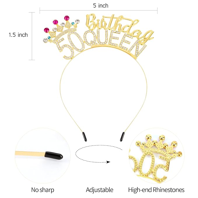 VELSCRUN 50th Birthday Queen Headband, Tiara Crown for Women, 50th Birthday Decorations for Her, Birth Queen Tiaras Crowns Sash for Women Mom Birth Party Decoration Hair Accessories Gold