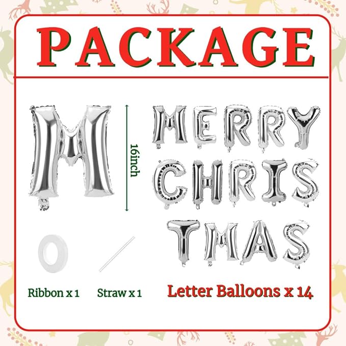 16 Inch Merry Christmas Balloons 14 PCS Silver Balloons Banner Xmas Letter Aluminum Mylar Foil Balloon Kit Decorations Globos Backdrop for Hanging Decor Party Favors Supplies Theme Indoor Outdoor