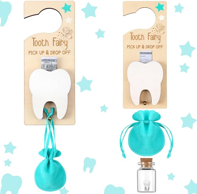 Tooth Fairy Holder Bag Hanger with Money Slot Keepsake Bottle Velvet Pouch Tooth Fairy Box Encourage Gift for Lost Teeth Boy Girl Milk(Classic,Lake Blue)