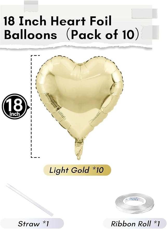 Pastel Gold Heart Balloons - 10 Pcs 18 Inch Light Yellow Foil Heart Mylar Balloons for Birthday, Wedding, Baby, Valentine's Party