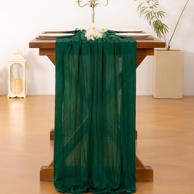Socomi 3pcs Emerald Green Cheesecloth Table Runner Fall Thanksgiving Boho Rustic Gauze 120 inch 10FT Cheese Cloth Runner for Wedding Party Baby Shower Birthday Home Decor Holiday Decorations