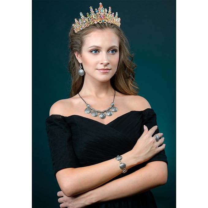 Velscrun Rainbow Color Crystal Birthday Tiara Crowns for Women Girls Elegant Princess Crown with Combs Birthday Girl Headband Sash Happy Birth Party Decorations Birth Gift Hair Accessories