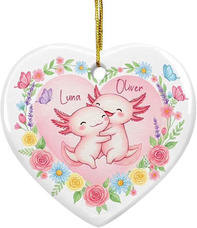 Personalized Axolotl Couple 1St Xmas Ornament, Funny Couple Ornament Gift for Mr Mrs Husband Wife, Married Couples Christmas Tree Decoration, Custom Names Sea Axolotl Ceramic Ornaments Xmas