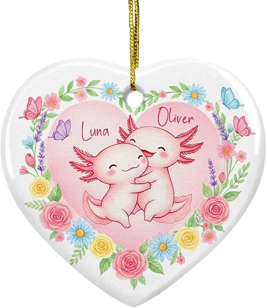 Personalized Axolotl Couple 1St Xmas Ornament, Funny Couple Ornament Gift for Mr Mrs Husband Wife, Married Couples Christmas Tree Decoration, Custom Names Sea Axolotl Ceramic Ornaments Xmas