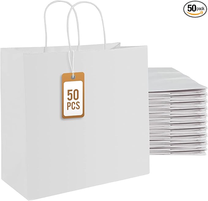 PAICUIKE 50Pcs White Paper Bags with Handles, Large 11x6x11 Inch Kraft Shopping Bags for Retail, Gift Packaging, Parties, Weddings, Birthdays, Baking