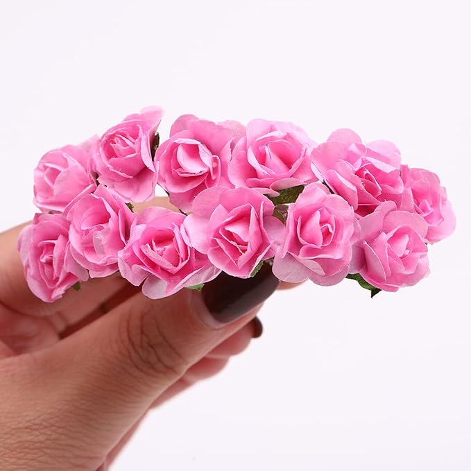 144pcs Mulberry Paper Mini Roses Artificial Flowers Heads with Stems for DIY Crafts Accessories Make Bridal Hair Clips Headbands Dress Wedding Bridal Bouquets Party Home Decor Valentine's (Pink)