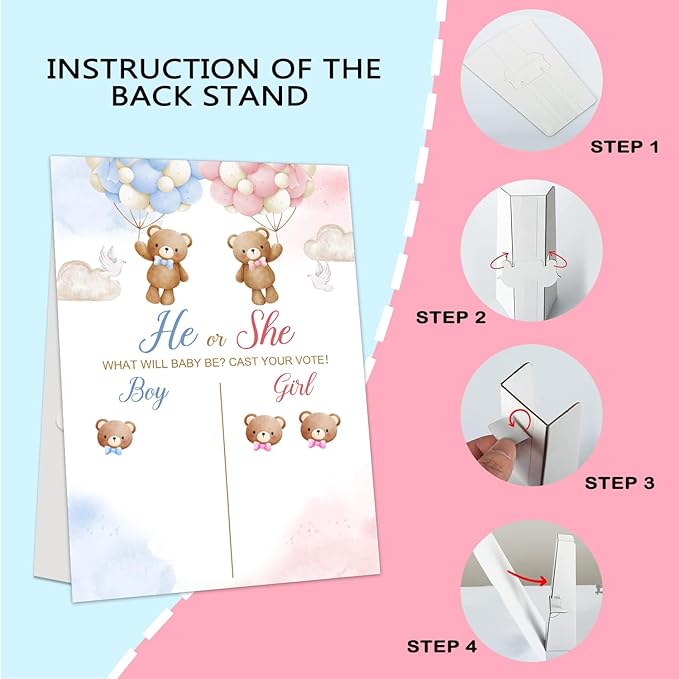 Gender Reveal Party Games, Bear Theme Baby Gender Reveal Voting Board Sign, 48 Stickers, "He or She, WHAT WILL BABY SMITH BE?" - Baby Gender Reveal Party Decorations Games for Boy or Girl Shower .