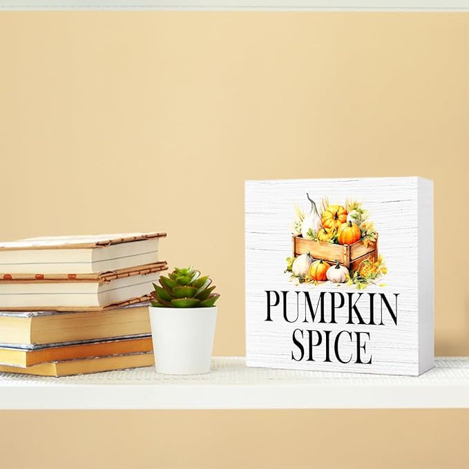 Funny Autumn Wood Box Sign Pumpkin Spice Wooden Block Desk Decor for Home Office Kitchen Cubicle Table Shelf Tabletop,Farmhouse Fall Sign Decor