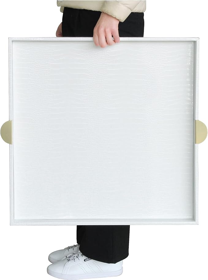 HofferRuffer Extra Large Square Serving Tray, Elegant Faux Leather Ottoman Tray with Gold Hardware Handles, Serve Tea, Coffee or Breakfast in Bed, 23.6 x 23.6 inches, White Large Square