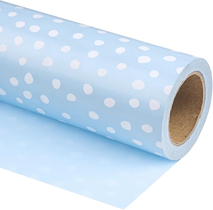 WRAPAHOLIC Reversible Wrapping Paper - Mini Roll - 17 Inch X 33 Feet - Light Blue and Delicate Polka Dots Design for Birthday, Holiday, Wedding, Baby Shower