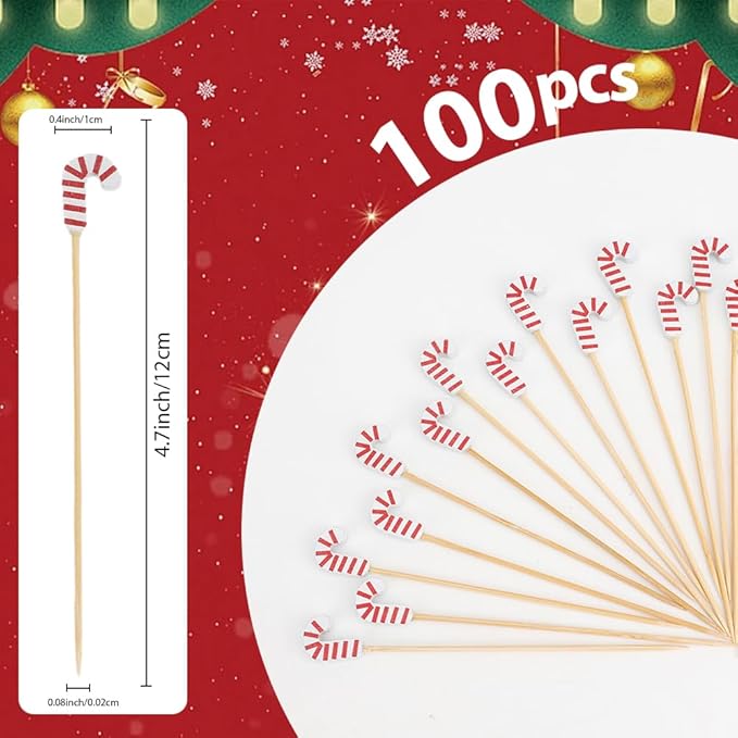 100pcs Candy Cane Cocktail Picks Christmas Toothpicks Skewers For Appetizers Skewers Fancy Toothpicks For Appetizers Cocktail Accessories For Drinks Charcuterie Picks Holiday Toothpick For Food Fruit