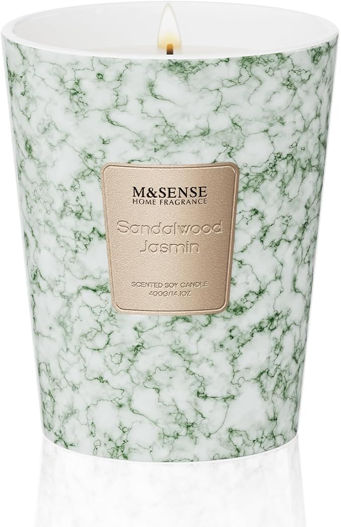 M&SENSE Sandalwood Jasmin Scented Candles for Home, 3 Wick Highly Scented Jar Candle, 14.1 Oz 80H Long Lasting Burning Christmas Candle for Women, Aromatherapy Candles for Holiday Christmas Gift