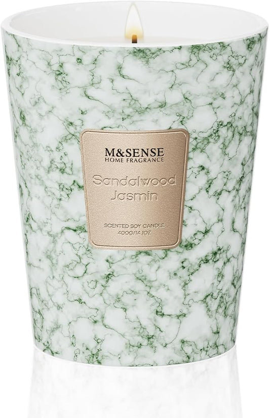 M&SENSE Sandalwood Jasmin Scented Candles for Home, 3 Wick Highly Scented Jar Candle, 14.1 Oz 80H Long Lasting Burning Christmas Candle for Women, Aromatherapy Candles for Holiday Christmas Gift