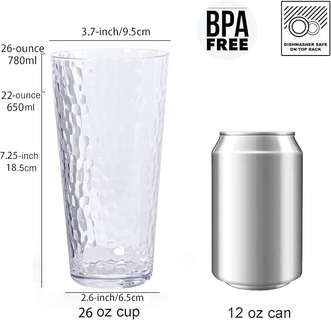 KX-WARE 26-ounce Acrylic Highball Glasses Plastic Tumbler Larger Drinking Glasses, set of 6 Clear