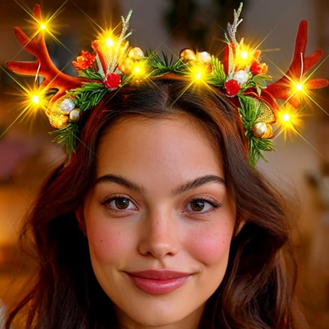 JONKY Christmas Headband Light up Reindeer Antlers Headpiece Xmas Party Costume Hair Accessories for Women