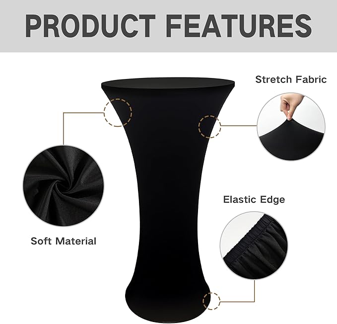 2PCS 24x43 Inch Round Fitted Cocktail Table Cover Black Spandex Cocktail Table Cloth Highboy Fitted Tablecloth High Top Table Cloths for Party Pub Banquet Bistro