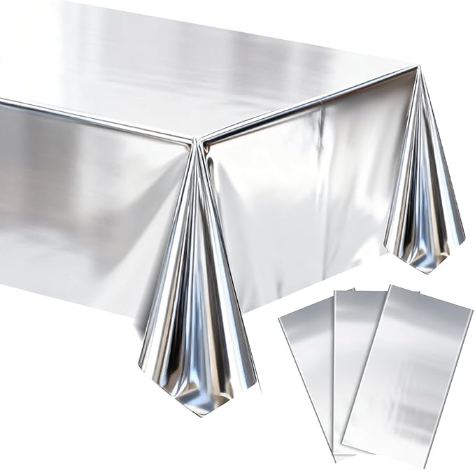 mwellewm 3Pcs Silver Tablecloth 54 * 72 inch Plastic Shiny Disco Table Cloth Disposable Foil Table Cover for Birthday New Year Decorations Wedding Christmas Anniversary Dinner Grad Party Supplies