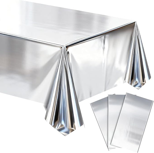 mwellewm 3Pcs Silver Tablecloth 54 * 72 inch Plastic Shiny Disco Table Cloth Disposable Foil Table Cover for Birthday New Year Decorations Wedding Christmas Anniversary Dinner Grad Party Supplies