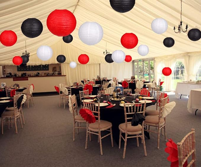 24pcs Hanging Round Paper Lanterns for Wedding Birthday Party Baby Showers Decoration Black/Red