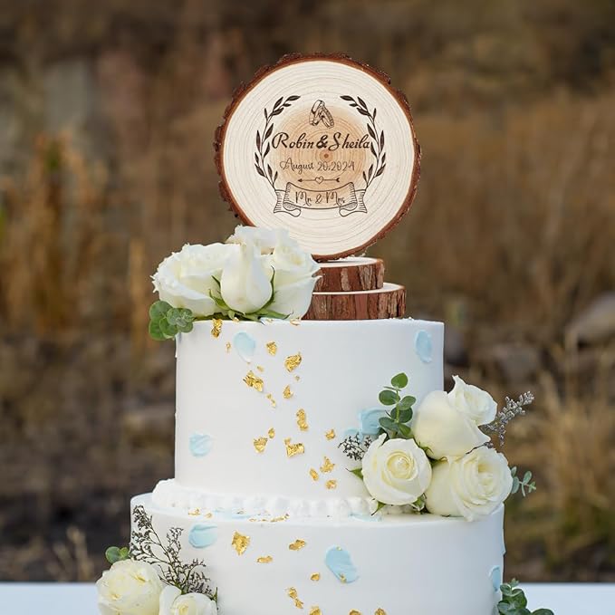 Personalized Rustic Wedding Cake Topper Wood Boho Custom Wedding Cake Toppers Mr Mrs, Wooden Slice Groom and Bride Gifts Decorations, Country Style Anniversary Party Supplies in Wood
