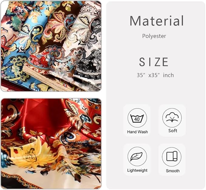4Pcs Silk Head Scarves for Women Satin Hair Scarf 35”Large Square Bandana Silk Like Neck Scarf Shawl