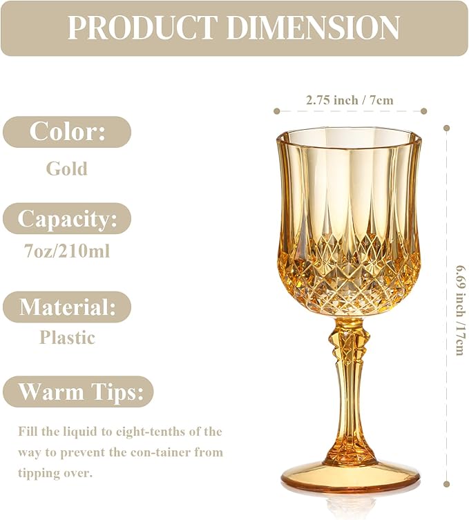 XUWAIDSGN 48 Pcs 7oz Plastic Vintage Wine Glasses Drinking Glasses Unbreakable Wedding Glassware Crystal Water Goblets Reusable Drinkware Vintage Champagne Flutes (48, Amber)