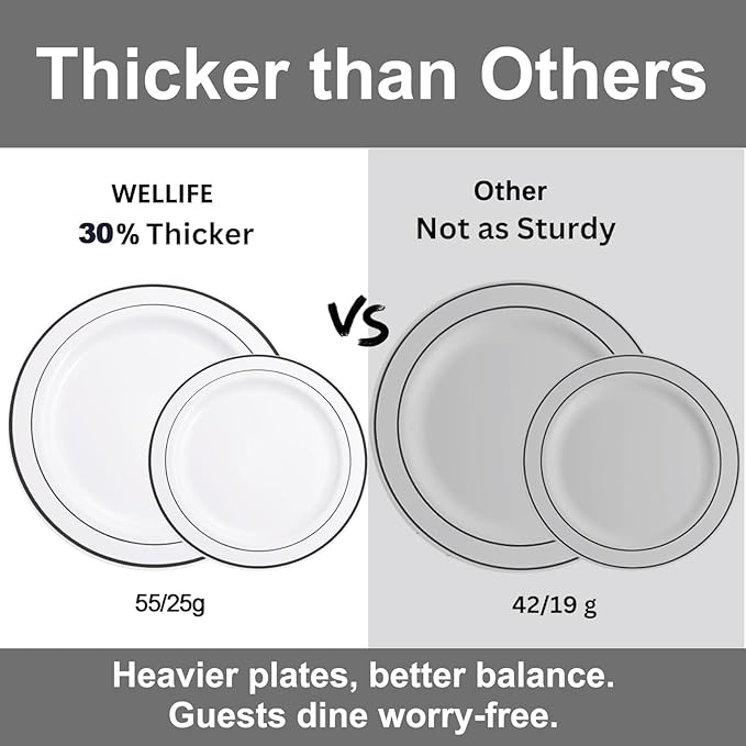 WELLIFE 210Pcs Black Plastic Dinnerware with Pre Rolled Napkins, Include:30 Dinner Plates, 30 Dessert Plates, 30 Paper Napkins, 30 Cups, 90 Plastic Cutlery
