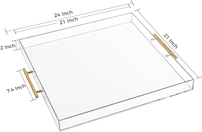 Extra Large Clear Acrylic Serving Tray (21×21 Inches) with Gold Handles Spill Proof Acrylic Over Size Big Decorative Tray Organiser for Ottoman Coffee Table Countertop