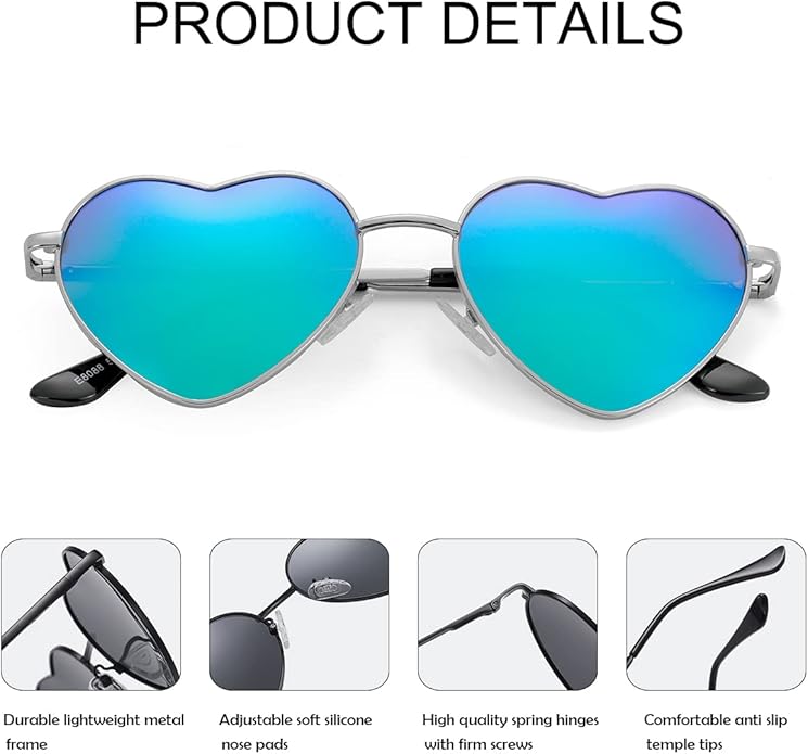 JOVAKIT Polarized Heart Sunglasses for Women Fashion Lovely Style Metal Frame UV400 Protection Lens