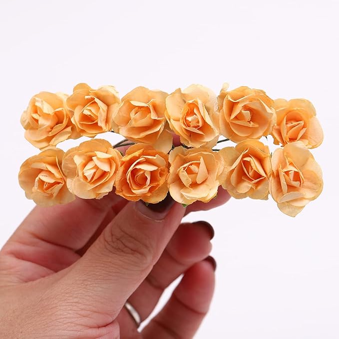 144pcs Mulberry Paper Mini Roses Artificial Flowers Heads with Stems for DIY Crafts Accessories Make Bridal Hair Clips Headbands Dress Wedding Bridal Bouquets Party Home Decor Valentine's (Champagne)