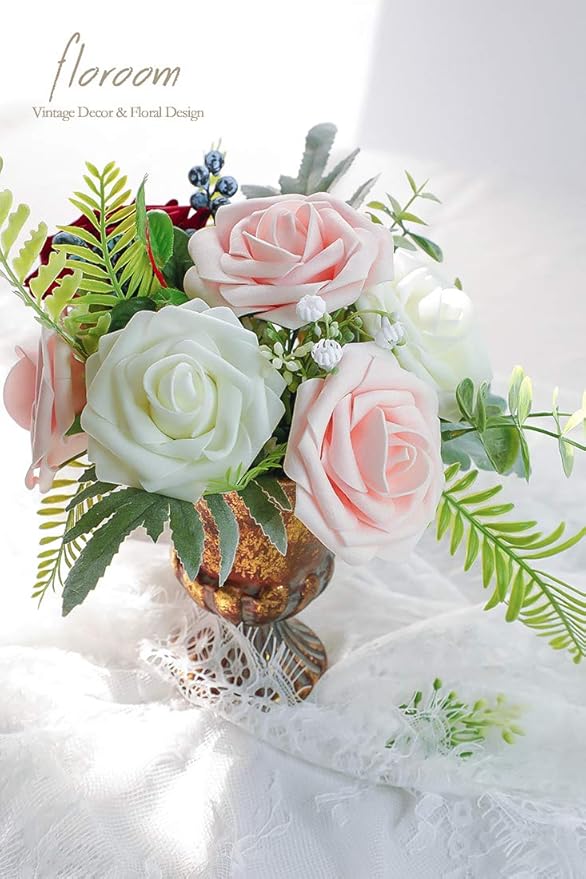 Floroom Artificial Flowers 25pcs Real Looking Blush Foam Fake Roses with Stems for DIY Wedding Bouquets Bridal Shower Centerpieces Party Decorations
