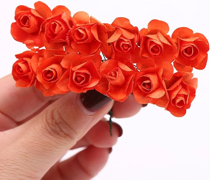 144pcs Mulberry Paper Mini Roses Artificial Flowers Heads with Stems for DIY Crafts Accessories Make Bridal Hair Clips Headbands Dress Wedding Bridal Bouquets Party Home Decor Valentine's (Orange)