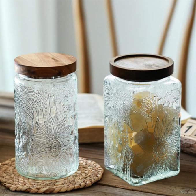 ANSQU Vintage Glass Storage Jar, 34oz Glass Canister Storage Jar Container with Airtight Wooden Lid for Kitchen Counter, Pantry, Coffee, Tea, Sugar, Cookie Jars (Square-Sunflower)