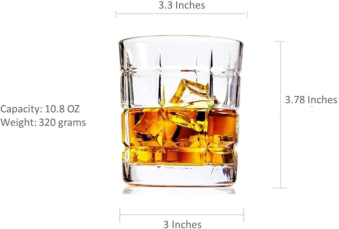 Premium Crystal Whiskey Glasses Set of 6 Large Lead-Free Crystal Glass Tasting Cups Scotch Glasses Tumblers for Drinking Irish Whisky Bourbon Tequila (Square Pattern, 6*10.8oz)