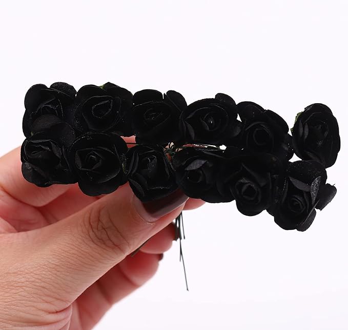 144pcs Mulberry Paper Mini Roses Artificial Flowers Heads with Stems for DIY Crafts Accessories Make Bridal Hair Clips Headbands Dress Wedding Bridal Bouquets Party Home Decor Valentine's (Black)