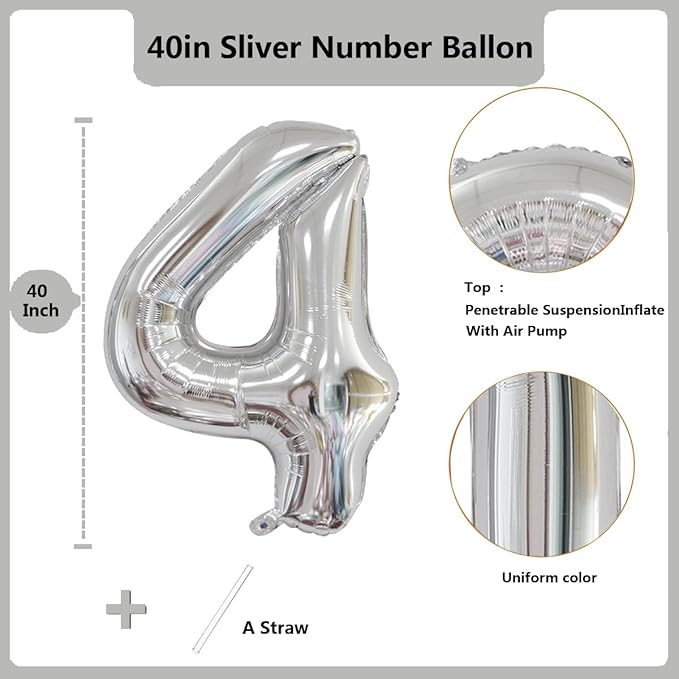 40 inch Silver Number Balloon Giant Foil Helium Balloons Silver Number 4 Balloon for 4th Birthday Party Anniversary Decorations Supplies