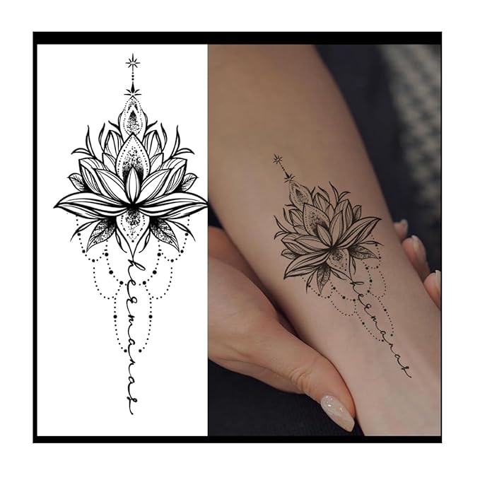 INKARTLINK Tattoo Tech, 2 Sheets Large Semi Permanent Tattoo, Adult Art Design Temporary Tattoos, Lasts 1-2 Weeks, Waterproof, Realistic Look, No Adhesive, No Reflection (Pure Lotus Design)