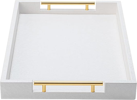White Leather Decotative Coffee Table Tray,Modern Large Ottoman Tray Rectangle Serving Tray with Handles for Living Room Party