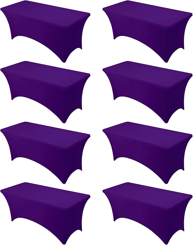 8-Pack Premium Purple Spandex Tablecloths for 6ft Rectangle Tables, Stain & Wrinkle-Resistant, Washable Stretch Polyester Fitted Table Cover for Weddings, Banquets, Trade Shows Events