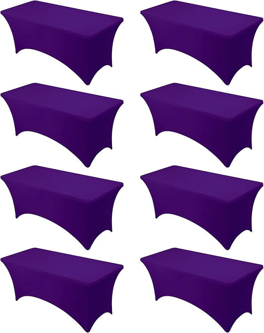 8-Pack Premium Purple Spandex Tablecloths for 6ft Rectangle Tables, Stain & Wrinkle-Resistant, Washable Stretch Polyester Fitted Table Cover for Weddings, Banquets, Trade Shows Events