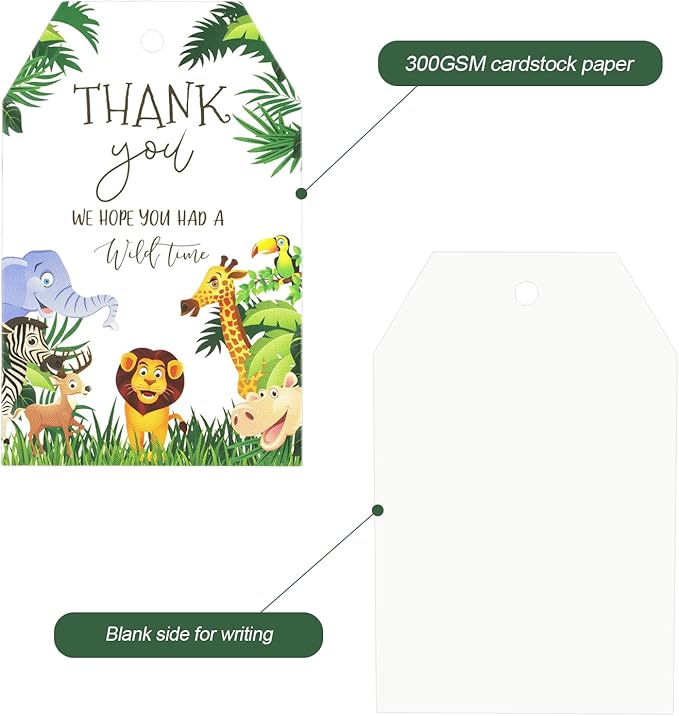 G2PLUS Jungle Safari Thank You Tags, 50PCS Animal Thank You Paper Tags, Wild Animals Thank You Gift Tag with String for Jungle Safari Birthday, Engagement, Baby Shower Party Favors (Green)