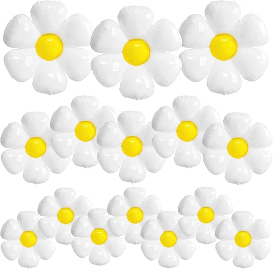 BTZO 16 Pcs Daisy Balloons, White Aluminum Foil Balloons for Birthday, Baby Shower, Wedding, Anniversary, Groovy Flower Theme Retro Hippie Party Decorations