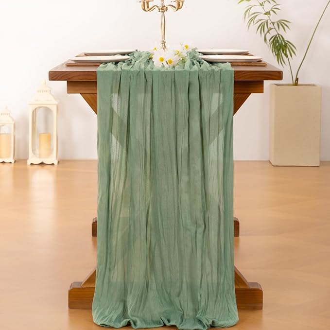 Socomi 10pcs Sage Green Cheesecloth Table Runner Fall Thanksgiving Boho Rustic Gauze 120 inch 10FT Cheese Cloth Runner for Wedding Party Baby Shower Home Decor Holiday Decorations