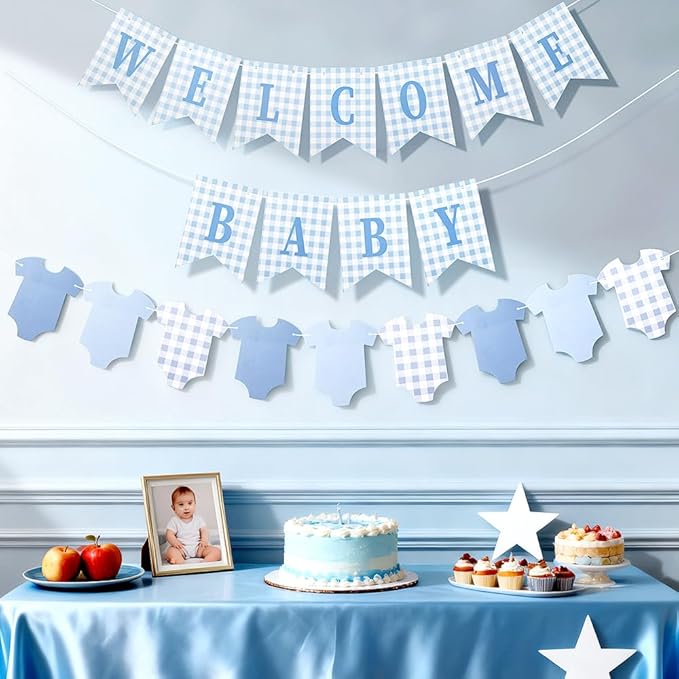 Baby Boy Shower Drcoration - Pre-strung Welcome Baby & Bodysuit Banner - Blue Baby Shower Decor for Boy, Gender Reveal, Photo Prop, Baby Boy Shower Door Sign﻿