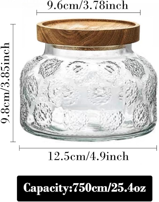ANSQU Vintage Glass Jar with Solid Wood Lid, 25.4 FL OZ Snowflake Pattern Food Storage Jar, Home Kitchen Decorative Storage Cabinet, Oatmeal, Jam, Coffee, Candy, Cookie Jar, Pet Food Jar (Snowflake)